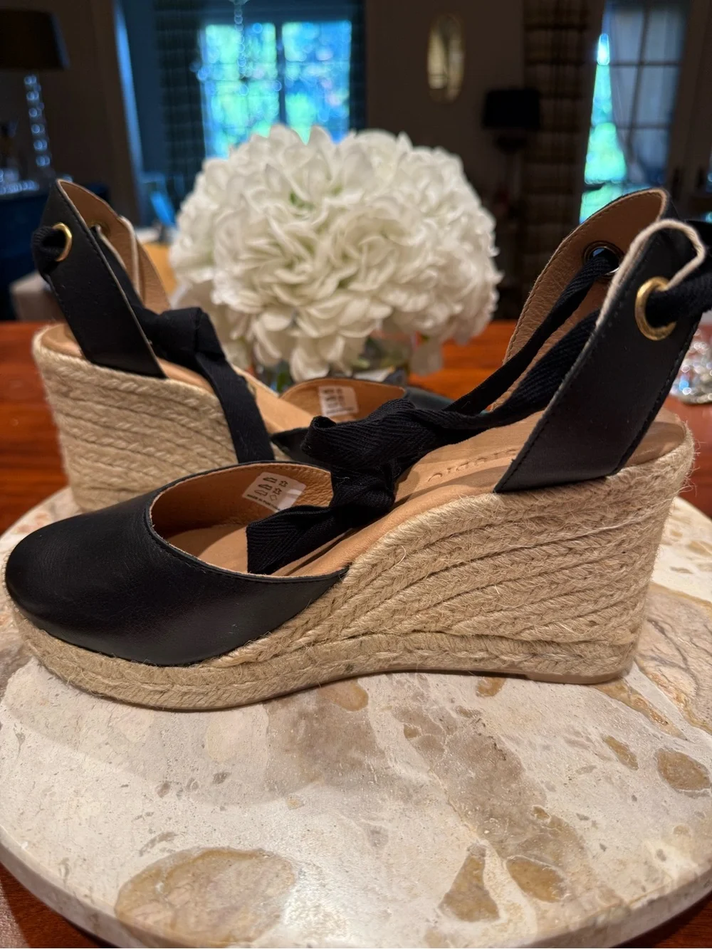 Last Studio Black Women's Leather Espradrille Wedge Sandals with Tie Sz 7 1/2